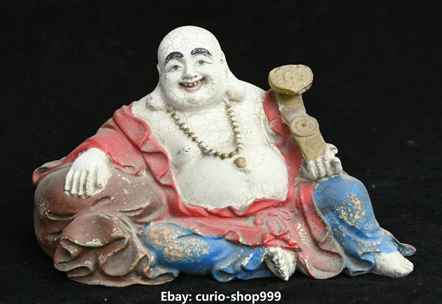 5.5" Antique Boxwood Painting Happy Laugh Maitreya Buddha Ruyi Money Bag Statue