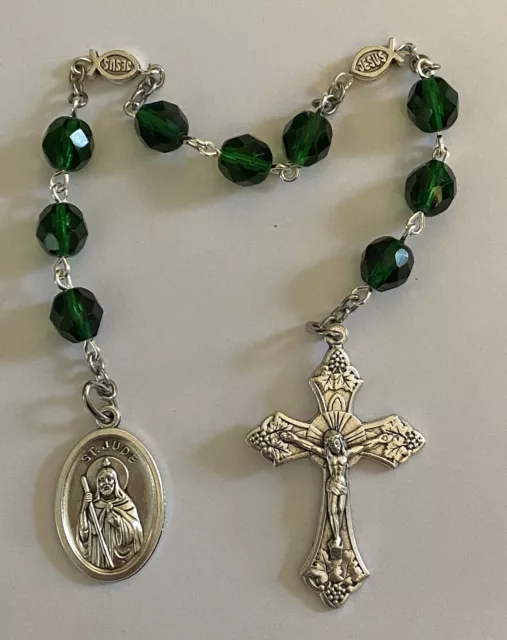 St Jude Relic Chaplet Handmade In Vintage Emerald Bohemian Faceted Glass
