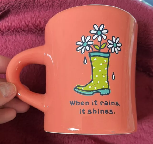 Life Is Good When It Rains It Shines Coral Coffee Mug Rain Boot & Flowers-EUC!
