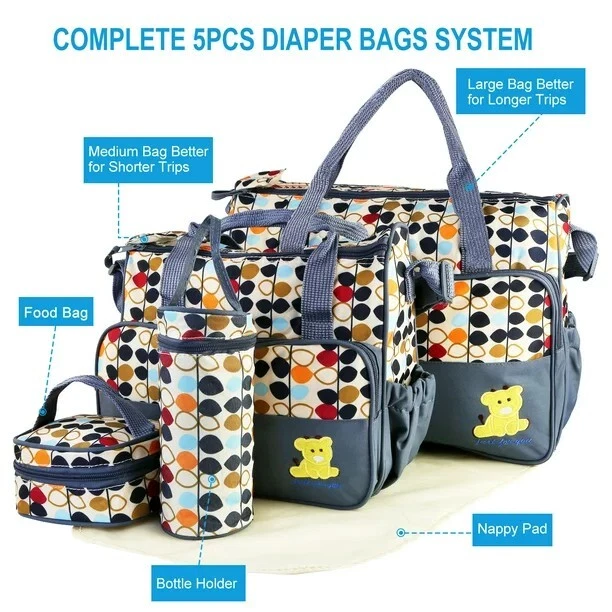 Baby Diaper Tote Stylish Nappy Messenger Insulated Bag 5 Piece Set. Large Medium