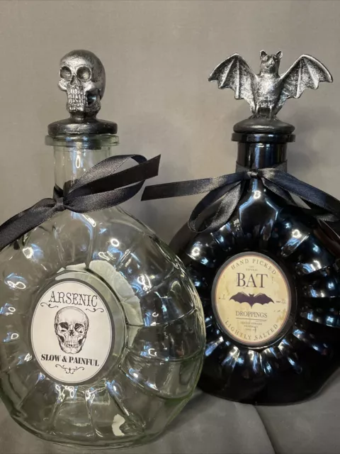 2 Halloween Potion Bottle Prop Decor Arsenic & Bat Droppings Skull Large