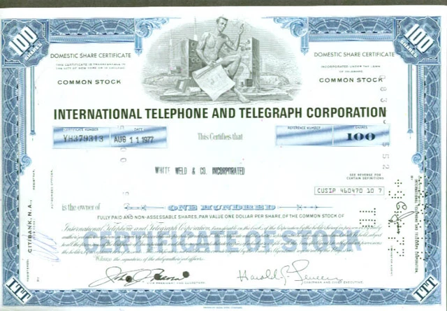 International Telephone & Telegraph stock cert 1977