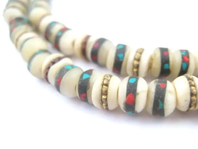 Vintage Inlaid Bone Mala Beads 6mm Nepal Multicolor Round 21 Inch Strand