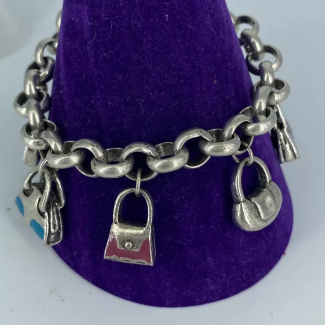 Chunky Charm Bracelet Handbags Enamel Tbar Toggle Silver Tone 8”