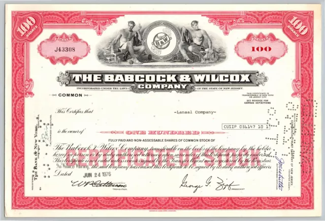 1976 Babcock Wilcox Company 100 Shares Stock Certificate Providence Rhode Island