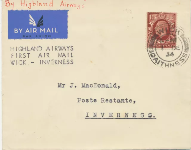 GB 1934 first flight at normal postal rate Highland Airways „WICK - INVERNESS“