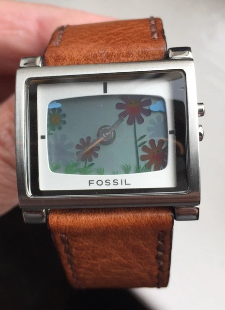 LADIES FOSSIL BIG Tic Es-1126 Flashing Flowers Display Leather
