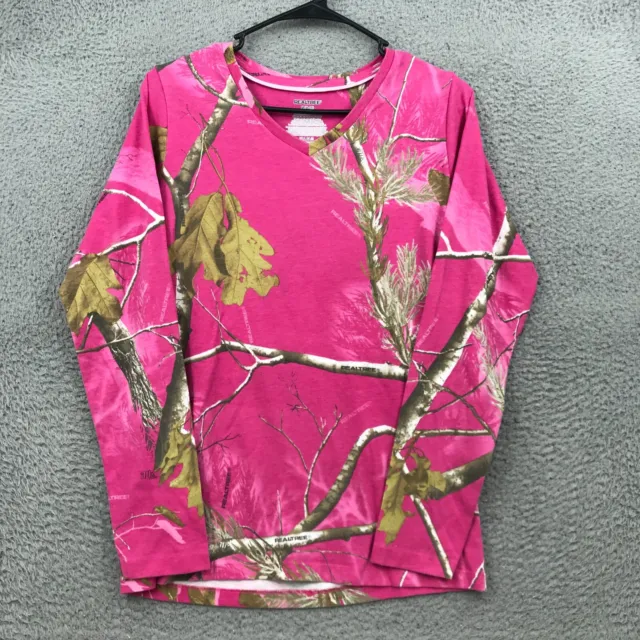 Realtree Shirt Womens Medium 8-10 Pink V Neck Camouflage Long Sleeve 33227