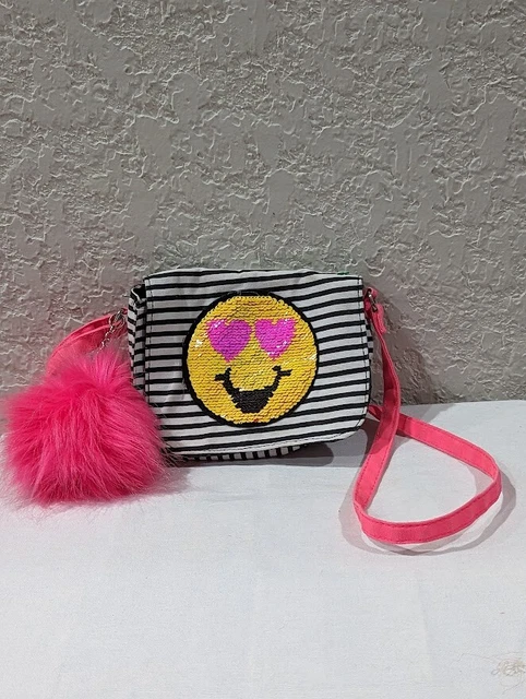 Emojination  2 Emoji Flip Sequins Black White Striped Purse Pink Ball 6" x 7"