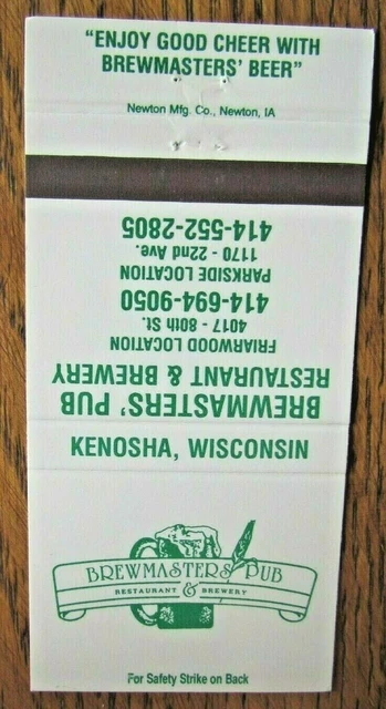 Brewmaster Brewery Brew Pub (Kenosha, Wisconsin) Beer Matchbook Matchcover -F1