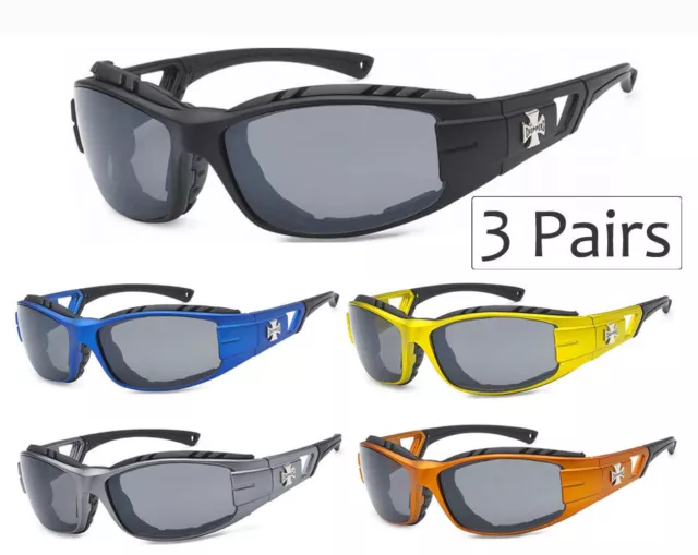 3 Pairs Choppers Men Women Padded Motorcycle Riding Sunglasses Biker Goggles