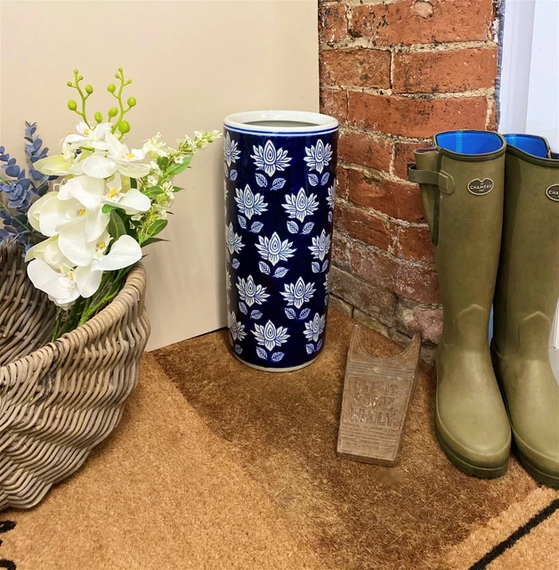 Blue Flower Ceramic Umbrella Stand Walking Stick Holder Storage or Vase 46cm