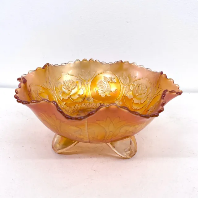 Vintage Fenton Iridescent Marigold Carnival Glass Bowl - Dragons & Lotus Footed