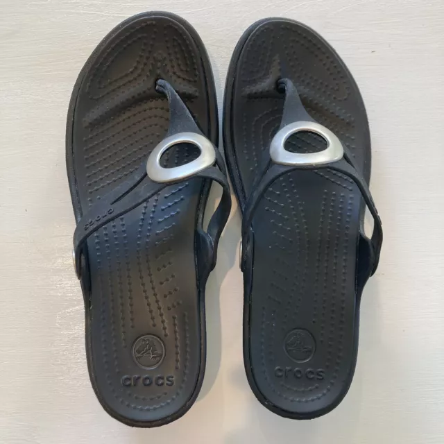 Crocs Sandals Sanrah Wedge Black Thong Slip On Casual Flip Flop Women's Size 7