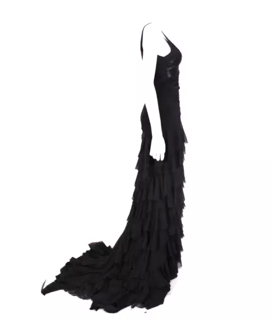 HERVE LEGER BLACK Knit & Chiffon Beaded V-Neck Sleeveless Evening Gown ...