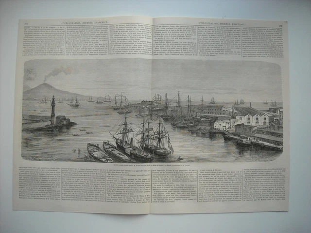 GRAVURE 1863. RADE DE NAPLES. REVUE NAVALE PASSEE PAR ROI D’Italie. VUE VESUVE..