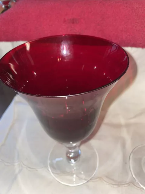 HAND BLOWN RUBY RED w/CLEAR Stem Wine Glasses, BELL Shape, STUNNING, VINTAGE 2