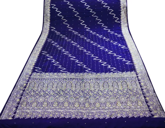Vintage Royal Blue Heavy Saree Pure Satin Silk Hand Embroidered Brocade Indian