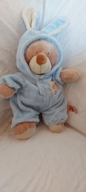 Doudou peluche grand ours beige deguise lapin Bleu NICOTOY 30 cm + oreilles tbé