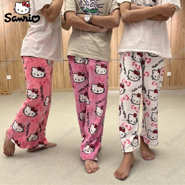 Hello Kitty Pajamas Black Flannel Women Casual Home Pants unisex warm Trousers