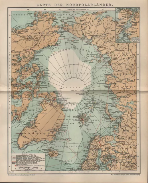 Landkarte map 1897: KARTE DER NORD-POLARLÄNDER. Alaska Russisches Reich Grönland