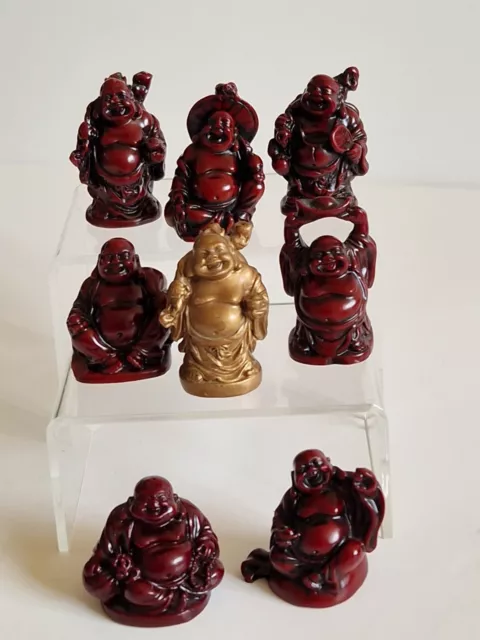 Set of Golden Red Happy Buddha Resin Figure Ornaments Joblot Of 8 Homeware Decor
