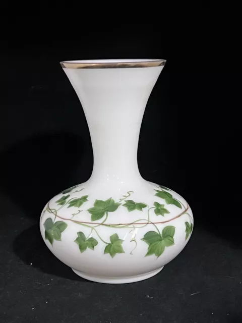 Vintage Consolidated Glass Co Milk Glass Vase gold  Rim Ivy hand painted 10”