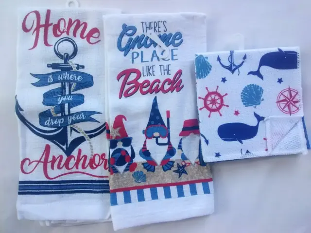 Lote de 3 toallas de cocina náuticas costeras junto al mar océano playa ropa de plato nuevo