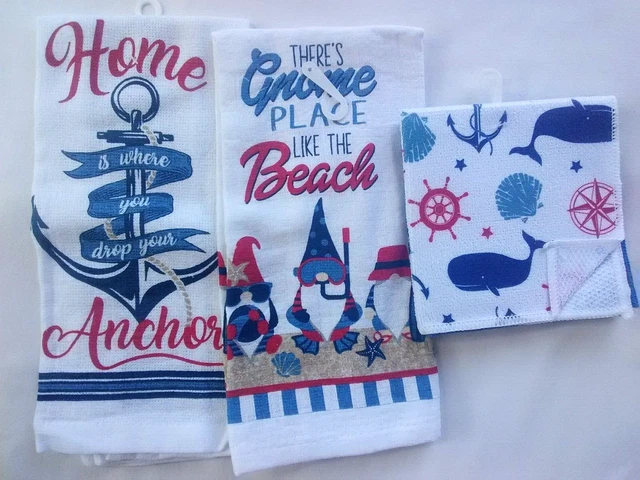 Lote de 3 toallas de cocina náuticas costeras junto al mar océano playa ropa de plato nuevo