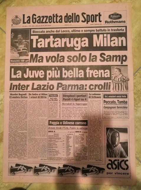 La Gazzetta Dello Sport N.11 Du 13 Janvier 1996 – Milan Ajax – Journal Original