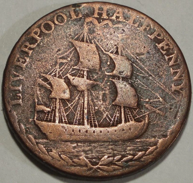 1792 LIVERPOOL HALFPENNY Great Britain SAILING SHIP & LIVER BIRD "Conder" TOKEN