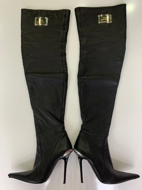 1969 OTK boots 35 11 cm Black leather plate leder pointy spitz metal high heels