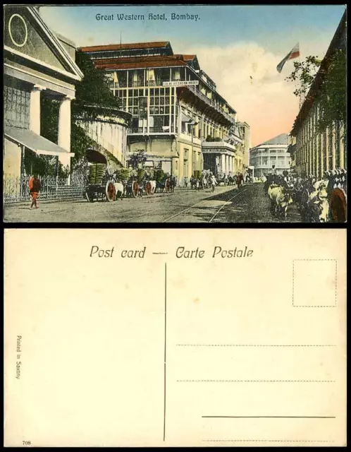 India Old Hand Tinted Postcard GREAT WESTERN HOTEL Bombay Street Scene Cart Flag
