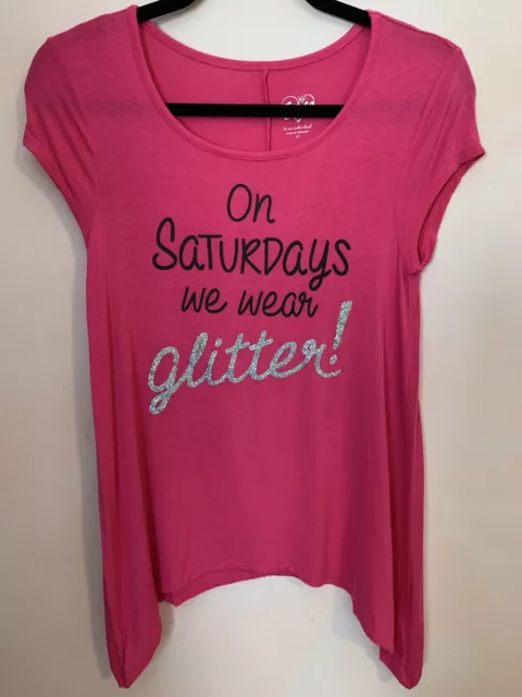 Justice Girl’s Pink “On Saturdays We Wear Glitter” Asymmetric Shirt, Size 12