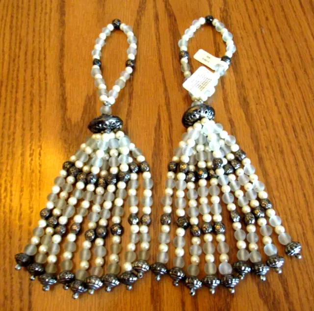 2 Vtg Curtain Drape Tie Backs Bronze Pearl Frosted Beads Tassels 10" New INDIA