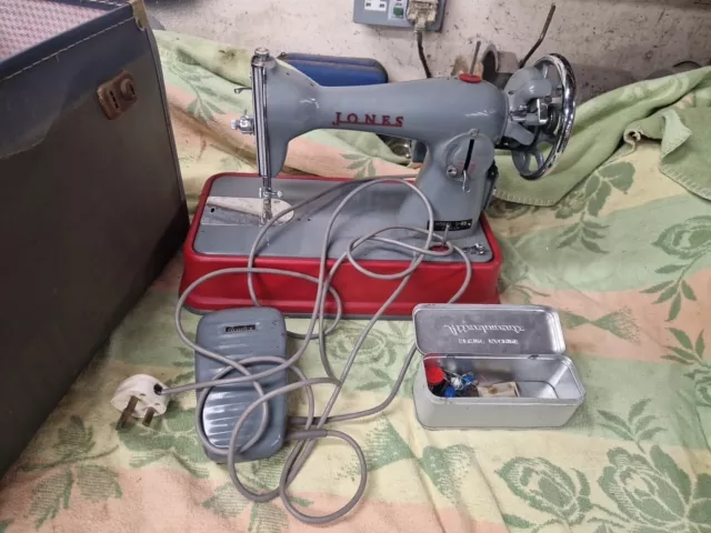 Jones Antique Semi Industrial Leather Embroidered Sewing Machine With Box