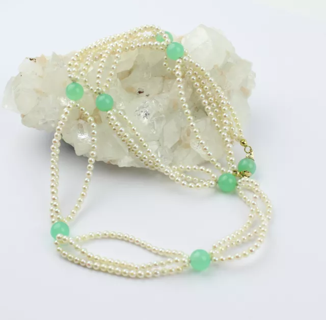 Classy Akoya Cultured Pearls Chain With Chrysoprase 585 Gold Clasp Ca. 60 CM