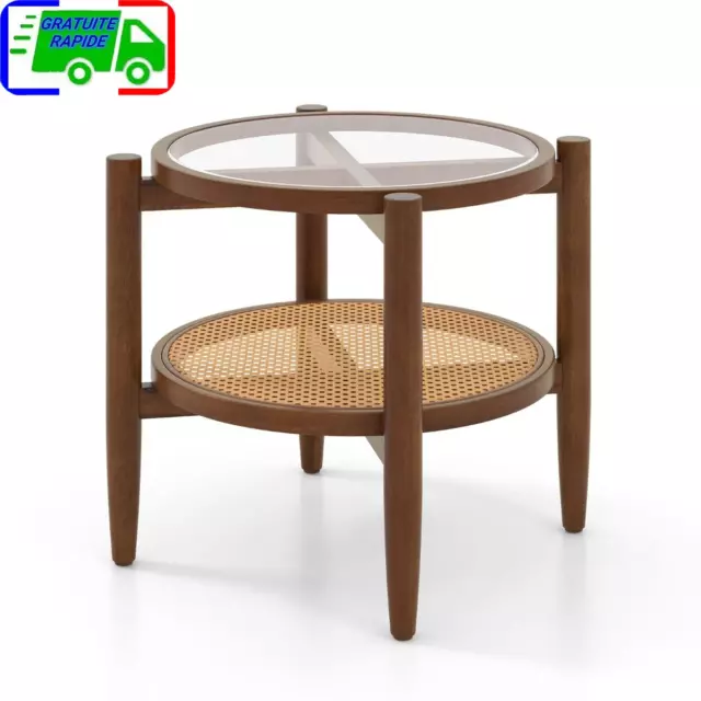 Table d’Appoint Ronde en Bois Bout de Canape avec Plateau en Verre Trempé Design