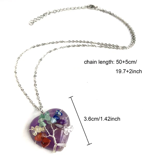 7 Chakra Amethyst Gem Stone Tree Of Life Heart Necklace Reiki Healing Amulet 2