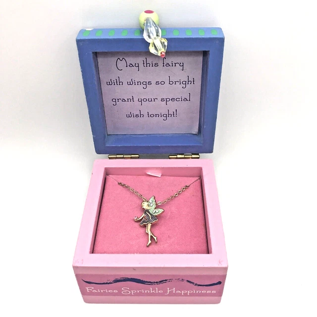 Fairy Necklace in Hinged Decorative Wood Box Fairies Sprinkle Happiness NEW