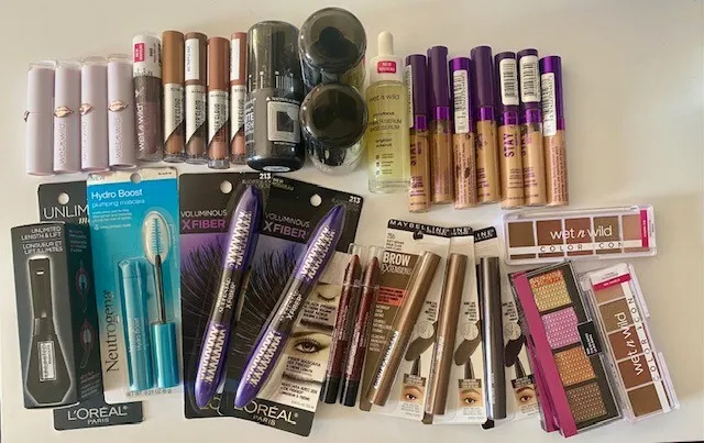 Eye and Face Makeup Kit lot-34 items- shadows, mascaras, brows, lips, concealer+