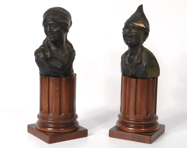 Paire sculptures bustes terre cuite personnages femme garçon XIXème siècle