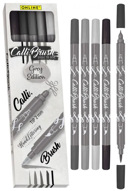 Online Calligraphy Brush Pens Grey I Dual Tip with Calligraphy Nib and Brush, Se