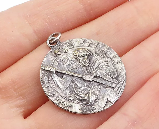 925 Sterling Silver - Vintage Antique Oxidized Saint Christopher Pendant- PT3824