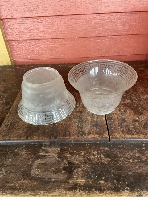 Antique Victorian Glass  Greek Key Gas Oil Lamp Shades 4" Fitter Set Of 2