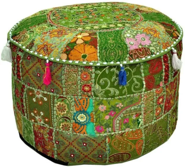 Indian Patchwork Round Ottoman Pouf Cover Vintage Moroccan Footstool Pouffe