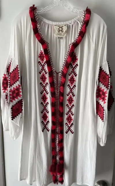 Euc $245! Figue White Tunic/Coverup W/ Tassel Tie & Red Embroidery - Size Small