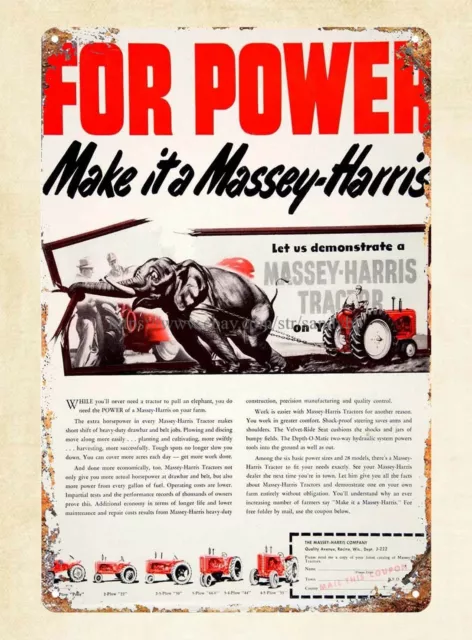 1951 Ad Massey-Harris Tractor Elephant Plow Farm Equipment metal tin sign