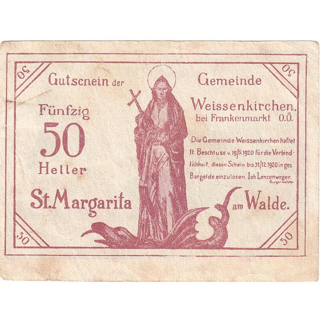 [#287972] Austria, Weissenkirchen, 50 Heller, personnage 1920, EF Mehl:FS 1157,