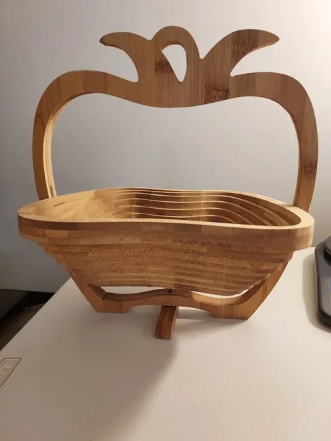 Apple Shaped Folding Collapsible Wooden Basket Fruit Bowl Trivet Décor